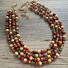 Load image into Gallery viewer, Cranberry Harvest Chunky 4 Strand Statement Necklace, Fall Neutral dark red necklace, earrings jewelry set agate marigold gold maroon