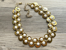 Load image into Gallery viewer, Pearl & Gold Chunky Statement Necklace, 2 Strand Beaded Jewelry golden jewelry, bridesmaid wedding bib rose gold white pearl double shiny
