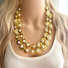 Load image into Gallery viewer, Pearl & Gold Chunky Statement Necklace, 2 Strand Beaded Jewelry golden jewelry, bridesmaid wedding bib rose gold white pearl double shiny