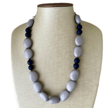 Load image into Gallery viewer, Navy Blue & Gray Gold Chunky Statement Necklace, Big beaded jewelry, 1 Strand Statement Necklace, Bib dark baby blue beaded