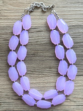 Load image into Gallery viewer, Purple Lavender statement necklace, chunky bib necklace, beaded jewelry light purple necklace, 2 strand pinkish purple jewelry silver chunky