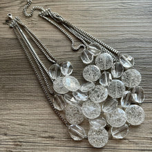 Load image into Gallery viewer, Vintage Extra Chunky Geometric Necklace, 5 Strand Statement Jewelry, everyday silver linking crackle clear resin beaded thick