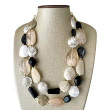 Load image into Gallery viewer, Desert Oasis Statement Necklace, neutral chunky beaded jewelry chunky tan champagne, color block beaded necklace, black white gold