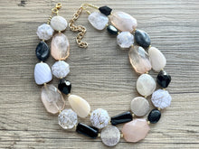 Load image into Gallery viewer, Desert Oasis Statement Necklace, neutral chunky beaded jewelry chunky tan champagne, color block beaded necklace, black white gold