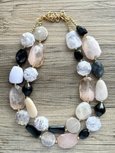 Load image into Gallery viewer, Desert Oasis Statement Necklace, neutral chunky beaded jewelry chunky tan champagne, color block beaded necklace, black white gold