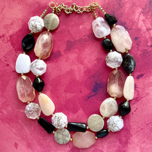 Load image into Gallery viewer, Desert Oasis Statement Necklace, neutral chunky beaded jewelry chunky tan champagne, color block beaded necklace, black white gold