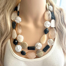 Load image into Gallery viewer, Desert Oasis Statement Necklace, neutral chunky beaded jewelry chunky tan champagne, color block beaded necklace, black white gold
