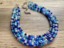 Load image into Gallery viewer, Blue Storm Ombré Glass Chunky Statement Necklace, silver bib necklace, aqua turquoise blue wedding bridesmaid chunky white clear navy