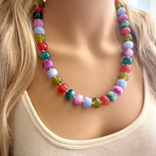Load image into Gallery viewer, Rainbow Candy Statement Necklace, resin chunky multi-strand jewelry, green pink white necklace, single strand silver blue olive green red