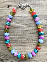 Load image into Gallery viewer, Rainbow Candy Statement Necklace, resin chunky multi-strand jewelry, green pink white necklace, single strand silver blue olive green red