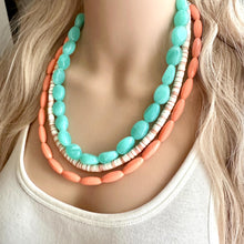 Load image into Gallery viewer, Haven Chunky Statement Necklace, Peach beaded jewelry, Multi Strand Bib Necklace, Beaded necklace mint green tan cream coral brown