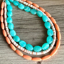 Load image into Gallery viewer, Haven Chunky Statement Necklace, Peach beaded jewelry, Multi Strand Bib Necklace, Beaded necklace mint green tan cream coral brown