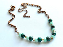 Load image into Gallery viewer, Rosegold Skinny Statement Necklace, patina green and mint gold with ornate chain, layering necklace beaded sale vintage