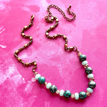 Load image into Gallery viewer, Rosegold Skinny Statement Necklace, patina green and mint gold with ornate chain, layering necklace beaded sale vintage