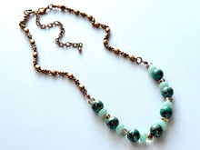 Load image into Gallery viewer, Rosegold Skinny Statement Necklace, patina green and mint gold with ornate chain, layering necklace beaded sale vintage