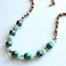 Load image into Gallery viewer, Rosegold Skinny Statement Necklace, patina green and mint gold with ornate chain, layering necklace beaded sale vintage