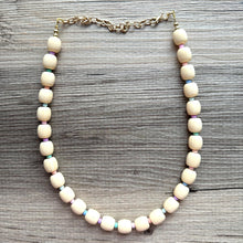 Load image into Gallery viewer, Creamy Pastel Statement Necklace, single strand Geometric Beaded Jewelry, off white bib necklace, shell necklace, champagne