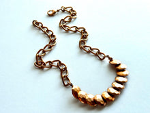 Load image into Gallery viewer, Rosegold Hammered Coin Skinny Statement Necklace, patina gold turquoise beaded chain, layering jewelry beaded sale vintage choker bib