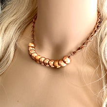 Load image into Gallery viewer, Rosegold Hammered Coin Skinny Statement Necklace, patina gold with ornate box chain, layering jewelry beaded sale vintage choker bib