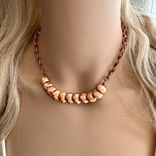 Load image into Gallery viewer, Rosegold Hammered Coin Skinny Statement Necklace, patina gold with ornate box chain, layering jewelry beaded sale vintage choker bib