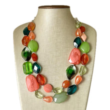 Load image into Gallery viewer, Watermelon Seascape Necklace, Pink & Green Chunky Statement Necklace, coral lime beaded necklace jewelry, multi color strand bib chunky
