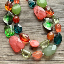 Load image into Gallery viewer, Watermelon Seascape Necklace, Pink & Green Chunky Statement Necklace, coral lime beaded necklace jewelry, multi color strand bib chunky