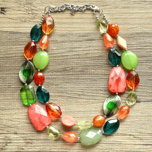 Load image into Gallery viewer, Watermelon Seascape Necklace, Pink & Green Chunky Statement Necklace, coral lime beaded necklace jewelry, multi color strand bib chunky