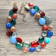 Load image into Gallery viewer, Fall Festival Chunky Statement Necklace, gold bib necklace, red blue emerald green necklace, geometric chain resin beaded jewelry