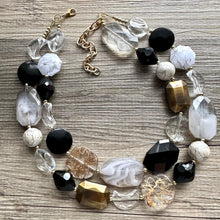 Load image into Gallery viewer, Black Gray & Gold Necklace, double strand gold jewelry, big beaded chunky statement necklace, black necklace, gold jewelry