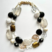 Load image into Gallery viewer, Black Gray & Gold Necklace, double strand gold jewelry, big beaded chunky statement necklace, black necklace, gold jewelry
