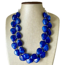 Load image into Gallery viewer, Dark Blue Chunky Statement Necklace, Big beaded jewelry, Double Strand Statement Necklace, Bib necklace, blue bridesmaid wedding creamy