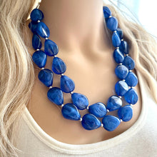 Load image into Gallery viewer, Dark Blue Chunky Statement Necklace, Big beaded jewelry, Double Strand Statement Necklace, Bib necklace, blue bridesmaid wedding creamy