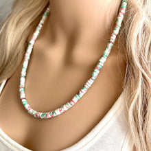 Load image into Gallery viewer, Watermelon coral & Green Chunky Statement Necklace, Big beaded jewelry, single Strand bib chunky Necklace, pink green white shell