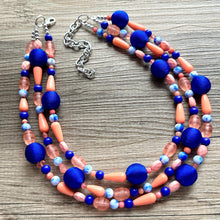 Load image into Gallery viewer, Coral & Royal Blue 3 Strand Coral Necklace, multi strand bright pink jewelry, big beaded chunky necklace, coral statement geometric peach