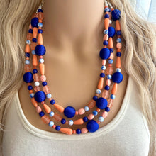 Load image into Gallery viewer, Coral & Royal Blue 3 Strand Coral Necklace, multi strand bright pink jewelry, big beaded chunky necklace, coral statement geometric peach