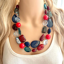 Load image into Gallery viewer, Fall Quilt Chunky Statement Necklace, gold bib necklace, red blue emerald green necklace, geometric chain resin beaded jewelry