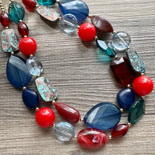 Load image into Gallery viewer, Fall Quilt Chunky Statement Necklace, gold bib necklace, red blue emerald green necklace, geometric chain resin beaded jewelry
