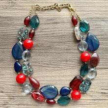 Load image into Gallery viewer, Fall Quilt Chunky Statement Necklace, gold bib necklace, red blue emerald green necklace, geometric chain resin beaded jewelry