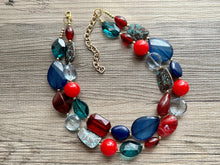 Load image into Gallery viewer, Fall Quilt Chunky Statement Necklace, gold bib necklace, red blue emerald green necklace, geometric chain resin beaded jewelry