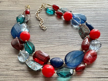 Load image into Gallery viewer, Fall Quilt Chunky Statement Necklace, gold bib necklace, red blue emerald green necklace, geometric chain resin beaded jewelry