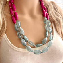 Load image into Gallery viewer, Pink & Green Statement Necklace, Multi-Strand, Double Layer Chunky Jewelry, pink green jewelry, beaded necklace, green hot pink magenta