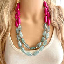 Load image into Gallery viewer, Pink & Green Statement Necklace, Multi-Strand, Double Layer Chunky Jewelry, pink green jewelry, beaded necklace, green hot pink magenta