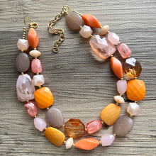 Load image into Gallery viewer, Summer Sunshine Statement Necklace, chunky bib beaded jewelry, Rainbow jewelry, coral peach orange gold pink, beaded acrylic jewelry