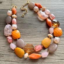 Load image into Gallery viewer, Summer Sunshine Statement Necklace, chunky bib beaded jewelry, Rainbow jewelry, coral peach orange gold pink, beaded acrylic jewelry