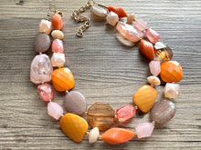 Load image into Gallery viewer, Summer Sunshine Statement Necklace, chunky bib beaded jewelry, Rainbow jewelry, coral peach orange gold pink, beaded acrylic jewelry
