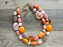 Load image into Gallery viewer, Summer Sunshine Statement Necklace, chunky bib beaded jewelry, Rainbow jewelry, coral peach orange gold pink, beaded acrylic jewelry