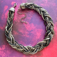 Load image into Gallery viewer, Vintage Braided 9 Strand Statement Necklace, beaded gunmetal gray metallic jewelry, silver bridesmaid wedding bridal chunky bib collar