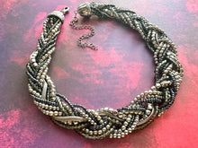 Load image into Gallery viewer, Vintage Braided 9 Strand Statement Necklace, beaded gunmetal gray metallic jewelry, silver bridesmaid wedding bridal chunky bib collar
