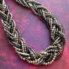 Load image into Gallery viewer, Vintage Braided 9 Strand Statement Necklace, beaded gunmetal gray metallic jewelry, silver bridesmaid wedding bridal chunky bib collar