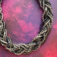 Load image into Gallery viewer, Vintage Braided 9 Strand Statement Necklace, beaded gunmetal gray metallic jewelry, silver bridesmaid wedding bridal chunky bib collar